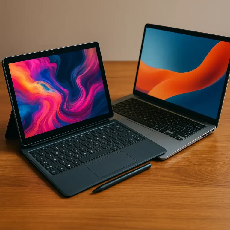 Two laptops on a wooden desk—one in tablet mode with a stylus, the other a standard clamshell—both displaying colorful wallpapers.