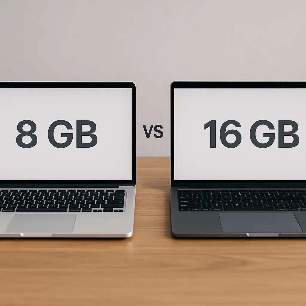 Two laptops placed side by side on a wooden desk, with one screen displaying "8 GB" and the other "16 GB", highlighting a comparison between different RAM capacities.