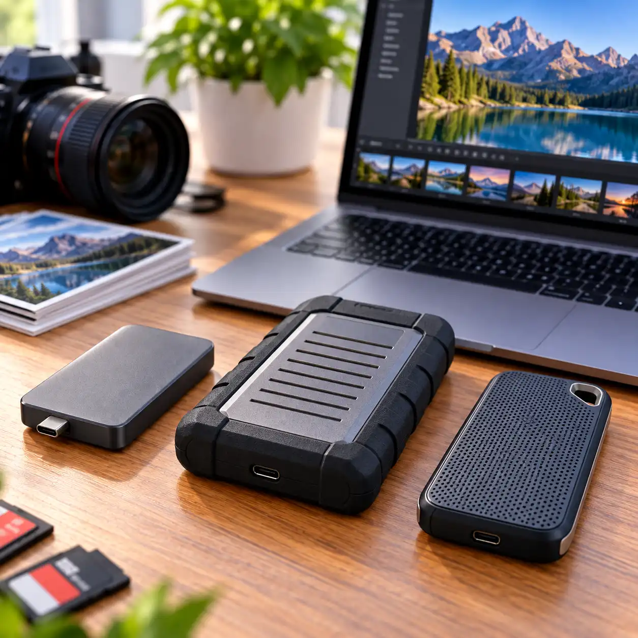 Three portable external drives beside a laptop displaying photo-editing software on a wooden desk.