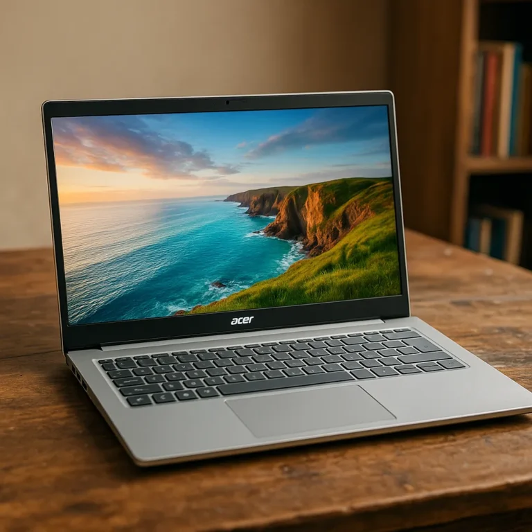 A photograph features an Acer laptop with a slim, silver design placed on a rustic wooden desk, displaying a vivid coastal sunset on its screen. A bookshelf in soft focus is seen in the background.
