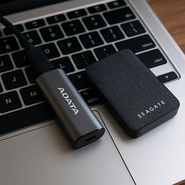A digital photograph displays two portable external SSDs—an ADATA and a Seagate—resting on the keyboard of a silver laptop, emphasizing their compact design and brand markings.