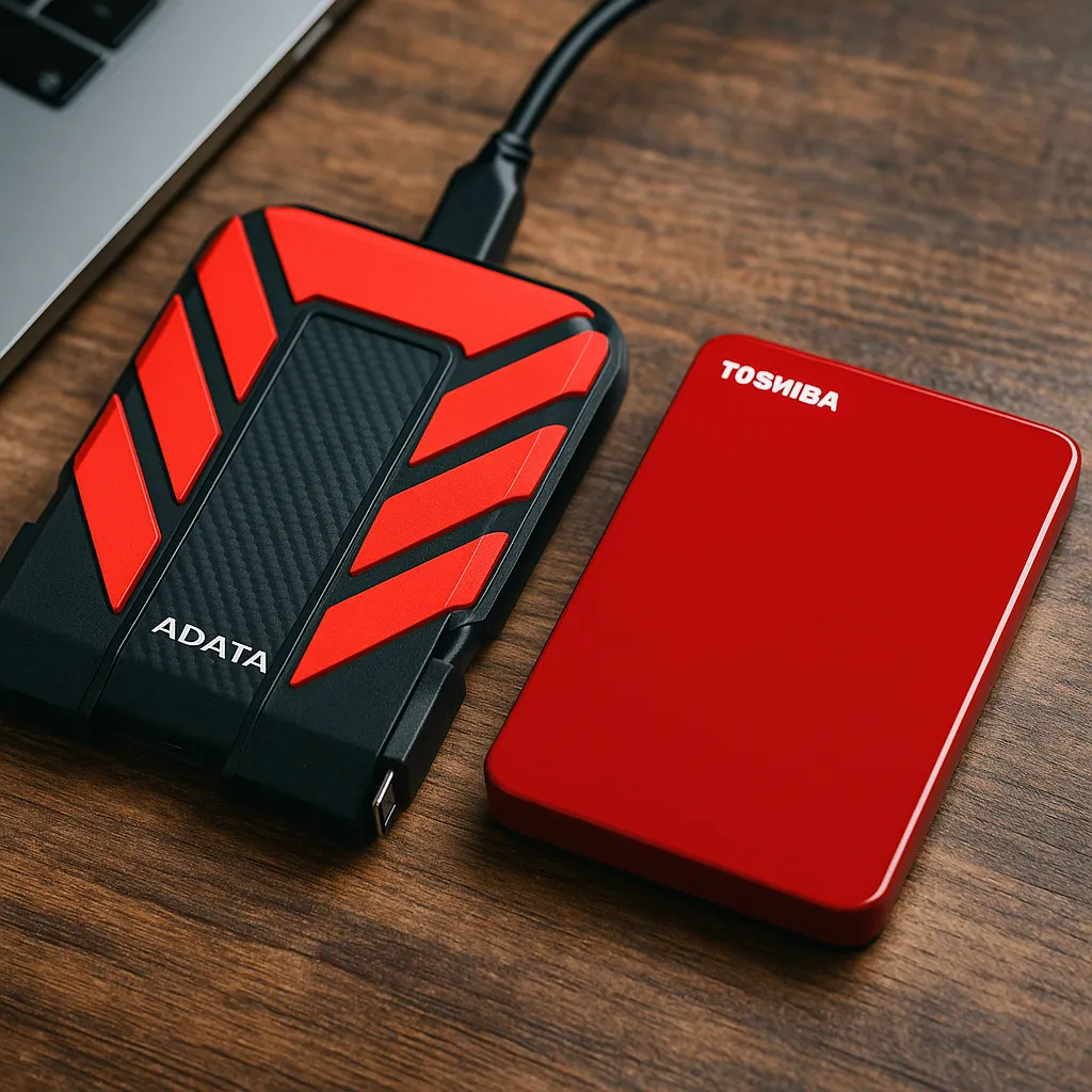 A digital photograph showcases two external hard drives—an ADATA HD710 with a rugged red and black design and a Toshiba Canvio Advance with a sleek red finish—side by side on a wooden desk with part of a laptop visible.