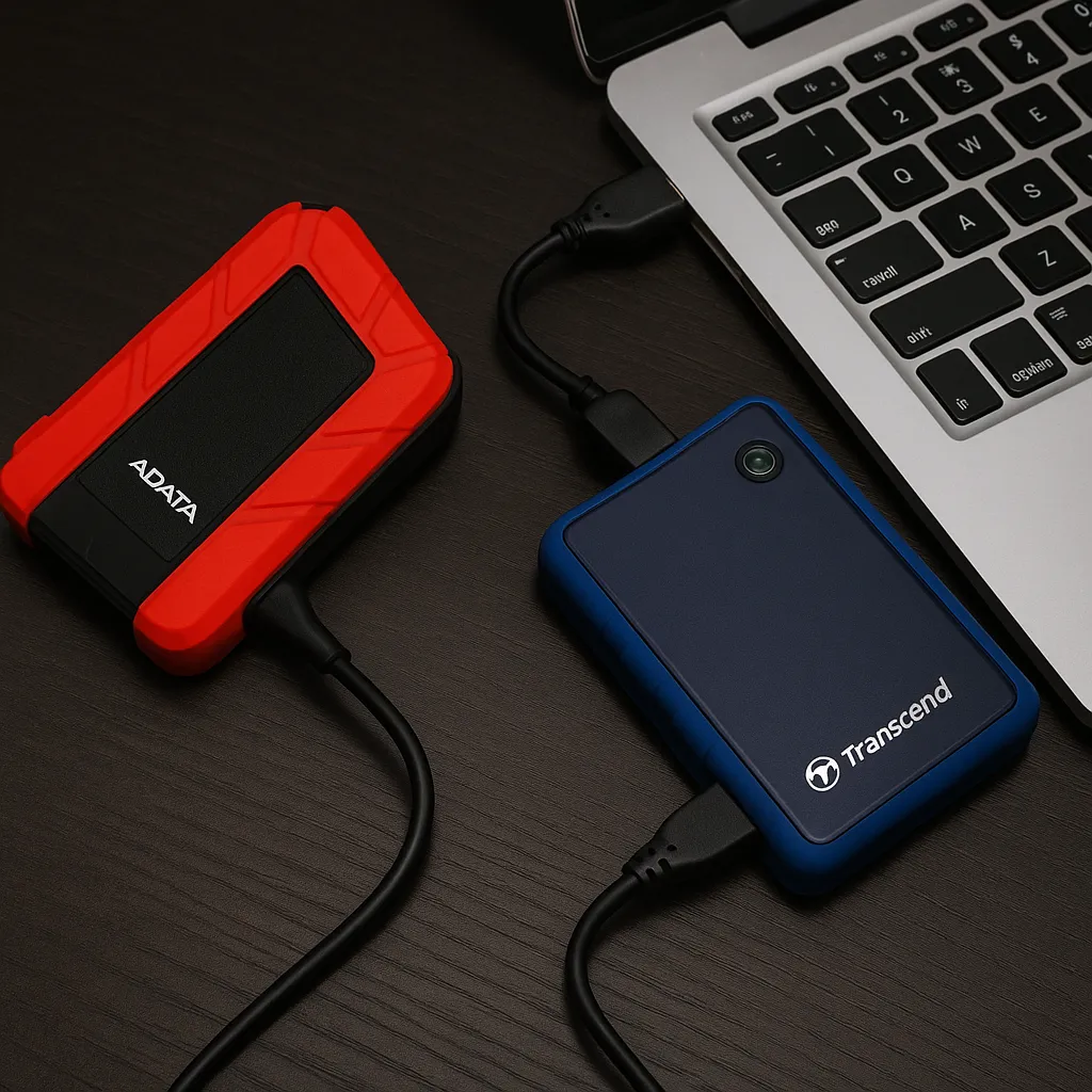 A digital photograph features two portable external hard drives, one red ADATA and one blue Transcend, connected to a silver laptop on a dark wooden desk.