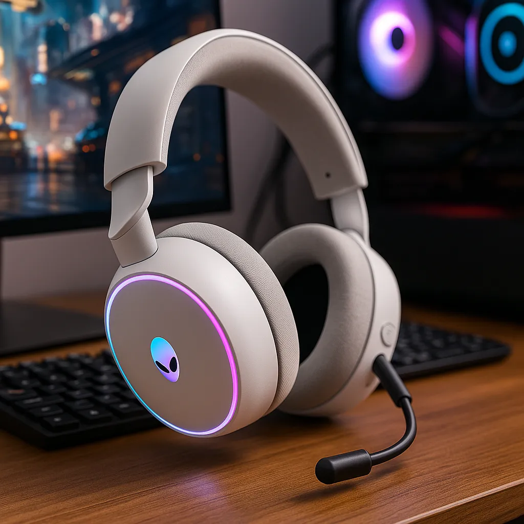 A digital photograph showcases a pair of white over-ear Alienware AW520H wired gaming headsets resting on a wooden desk near a gaming laptop.