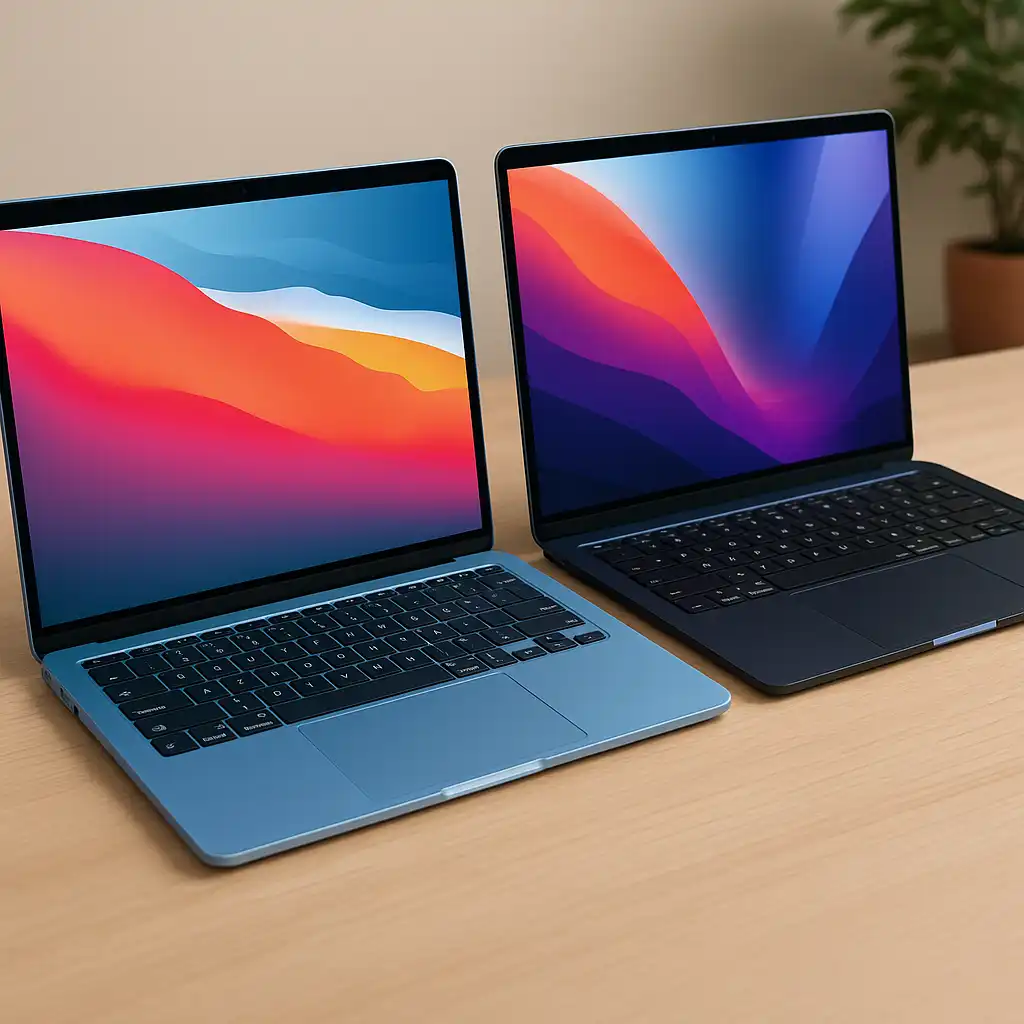 Two Apple MacBook Air laptops side by side on a wooden desk—one in Sky Blue (13-inch) and one in Midnight (15-inch)—both displaying vibrant screens in a softly lit room.