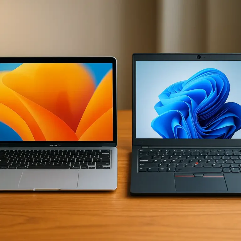 A high-resolution image showing a MacBook Air and a Lenovo ThinkPad side by side on a wooden desk, each with bright, colorful screens and distinct operating systems.