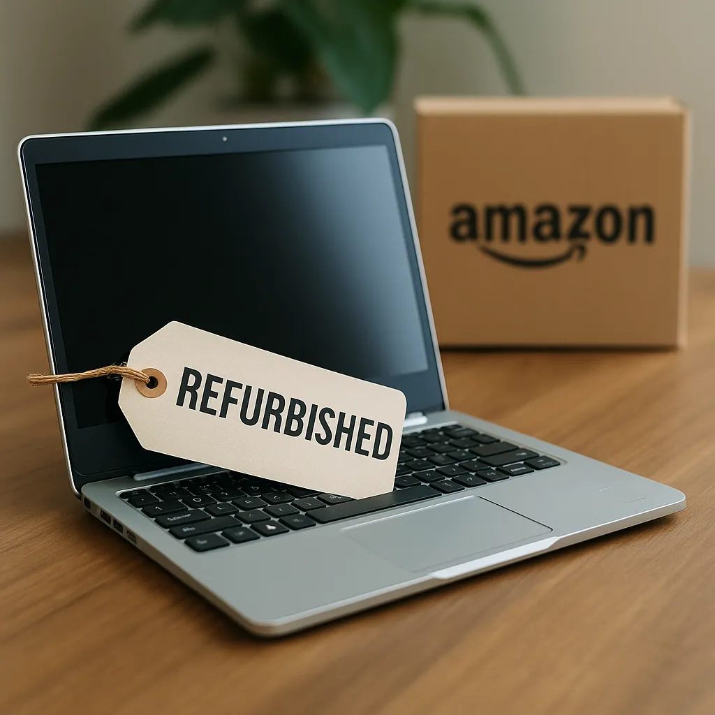 A silver refurbished laptop placed on a wooden desk, open and powered on, with soft lighting highlighting its clean and restored condition.