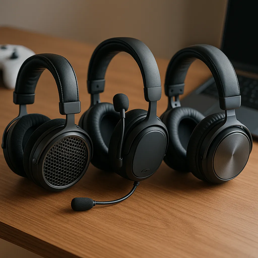Three premium over-ear headphones displayed on a wooden desk, with a gaming controller and laptop in the blurred background.