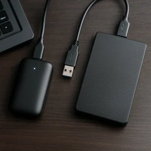 Two external storage drives—one compact SSD with a blue LED and one larger hard drive—connected via USB on a wooden desk.