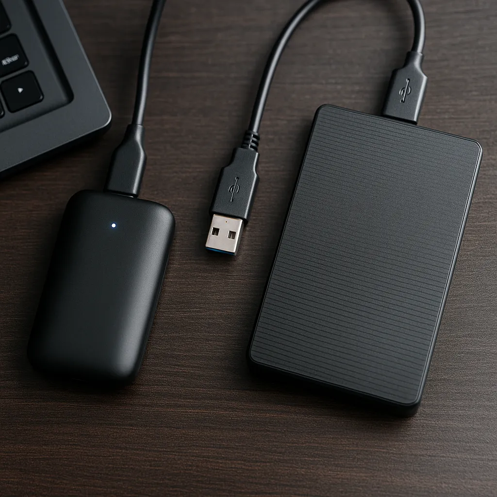 Two external storage drives—one compact SSD with a blue LED and one larger hard drive—connected via USB on a wooden desk.
