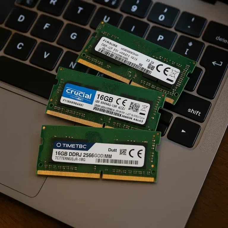 A photograph displays three DDR4 SODIMM RAM modules—Samsung, Crucial, and Timetec—resting on a sleek laptop keyboard with black keys and metallic chassis.