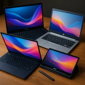 A realistic square image showing three modern laptops with vivid gradient screens placed on a wooden surface, each featuring sleek designs and representing different brands, including a 2-in-1 convertible model with a stylus.