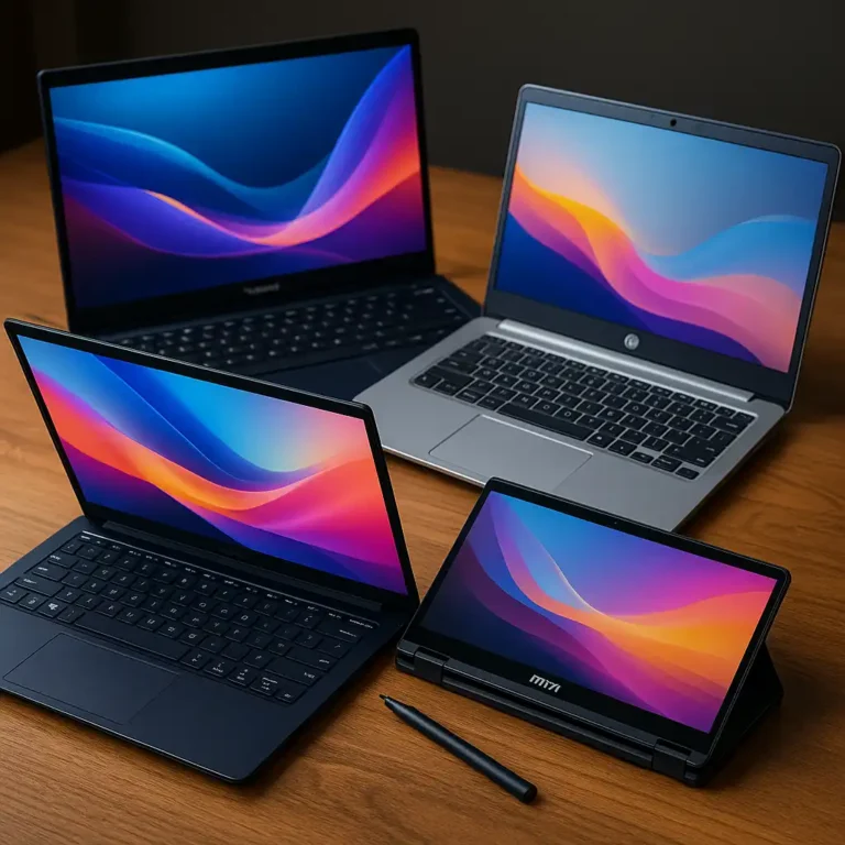 A realistic square image showing three modern laptops with vivid gradient screens placed on a wooden surface, each featuring sleek designs and representing different brands, including a 2-in-1 convertible model with a stylus.