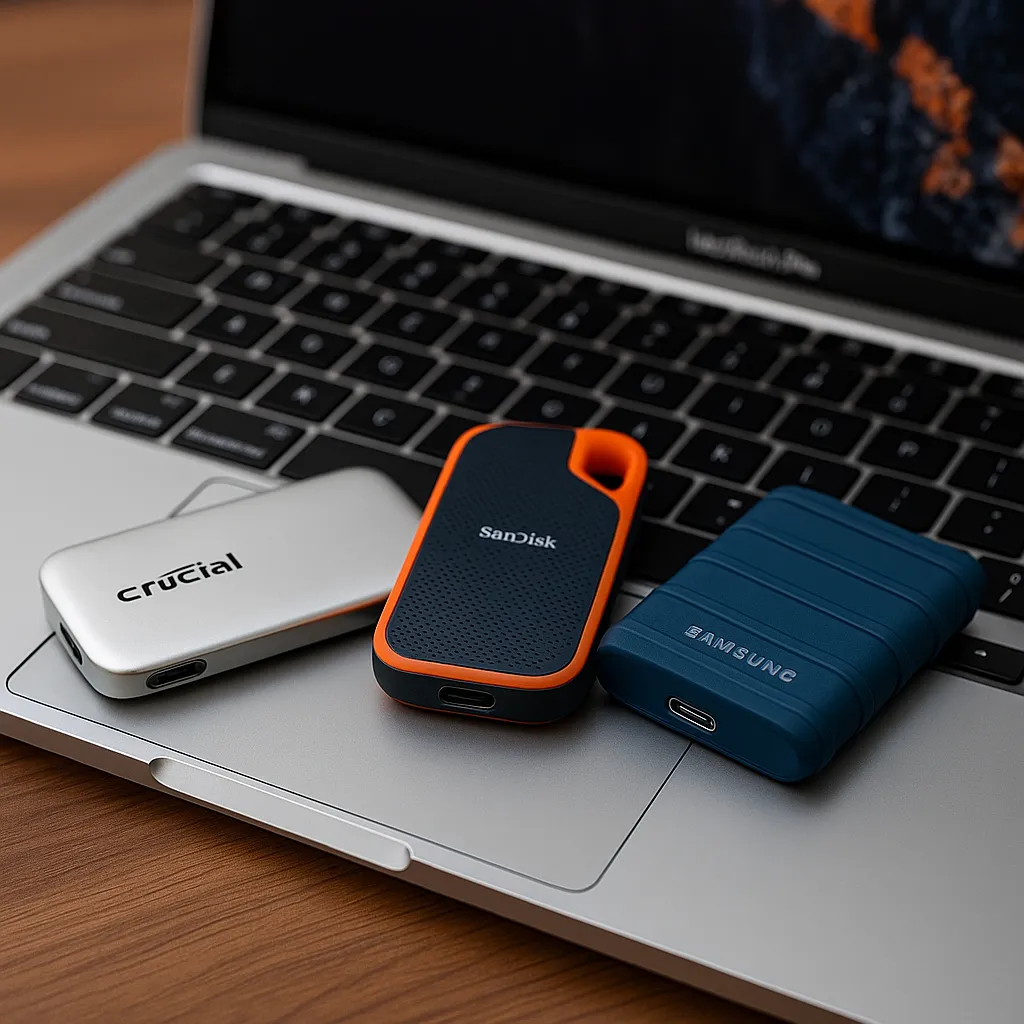 A high-resolution digital photograph displays three portable SSDs—Crucial, SanDisk, and Samsung—resting on the trackpad of a MacBook Pro.