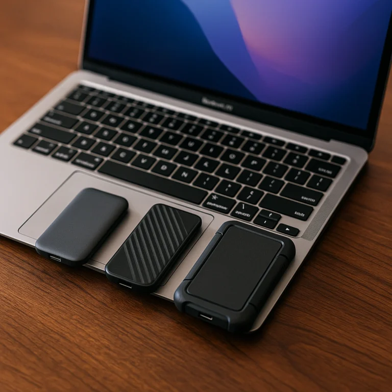 A photograph displays an open modern MacBook laptop with three external hard drives in varying designs placed on its keyboard, on a wooden desk.