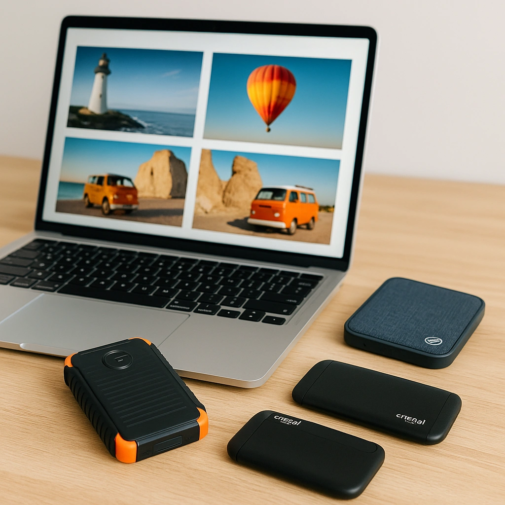 A digital photograph features an open silver laptop displaying four vivid landscape photos, with three external hard drives arranged beside it on a wooden desk.
