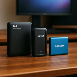 A digital photograph showcases three external storage devices—WD Elements, Lexar SSD, and Samsung T7—lined up on a wooden desk with a blurred monitor in the background.