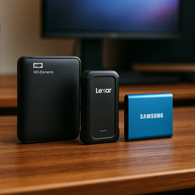 A digital photograph showcases three external storage devices—WD Elements, Lexar SSD, and Samsung T7—lined up on a wooden desk with a blurred monitor in the background.