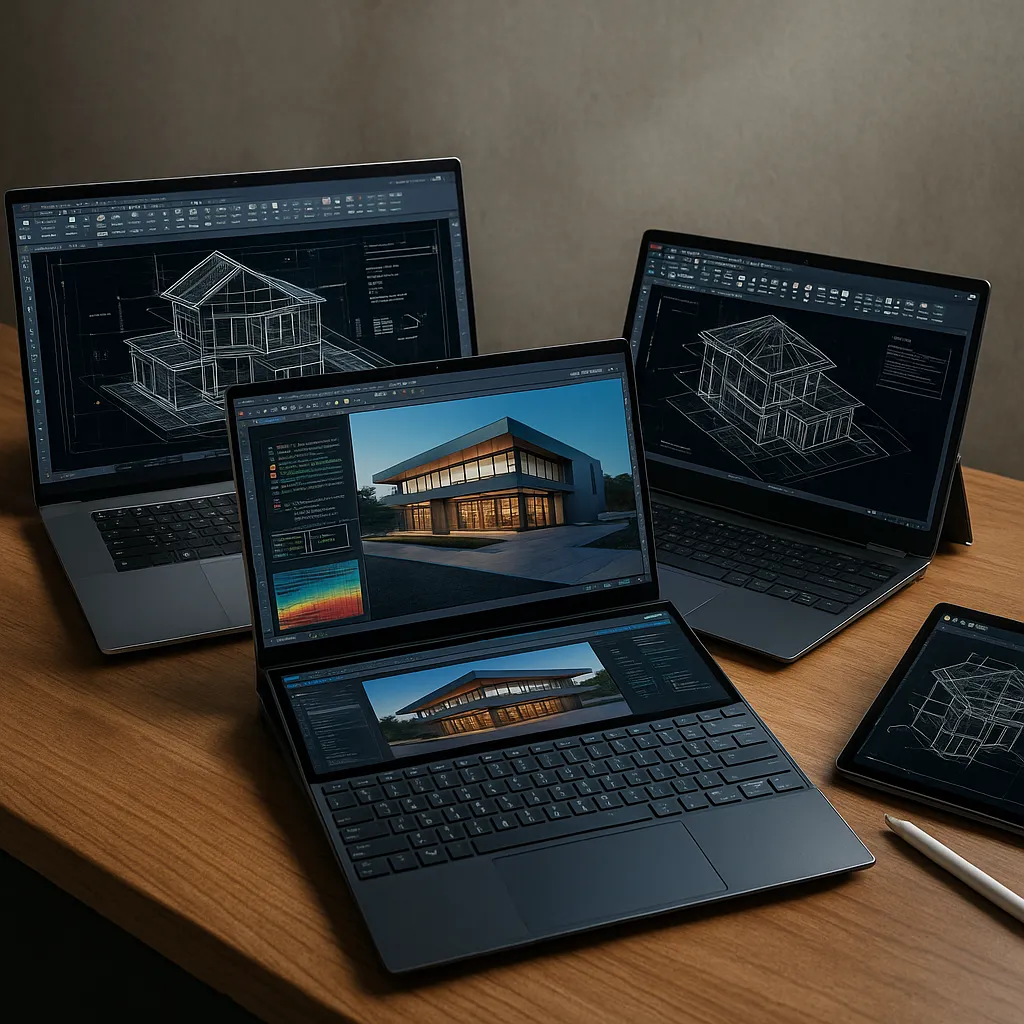 Three sleek laptops on a wooden desk, each displaying detailed AutoCAD architectural designs and 3D renders, with a stylus and tablet nearby.
