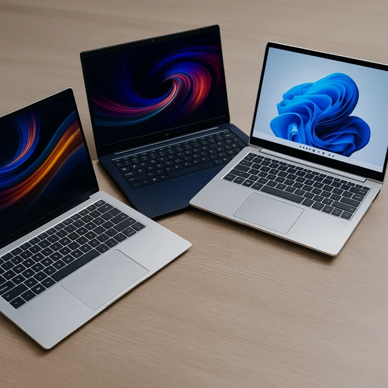 Three slim, modern lightweight laptops with i7 processors displayed on a clean desk setup, showcasing portability and sleek design.
