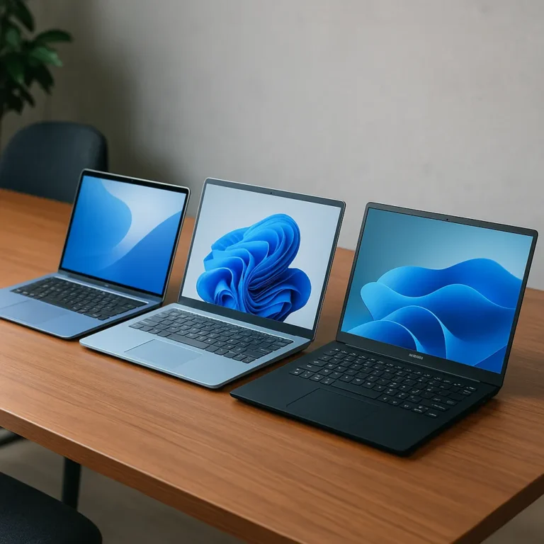 A photograph displays three modern laptops arranged on a wooden table in a well-lit office setting, showcasing sleek designs and thin bezels.
