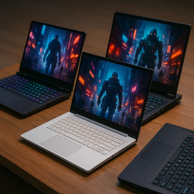 Three lightweight gaming laptops displayed on a wooden table, each running a neon-lit futuristic first-person shooter, showcasing high-resolution graphics and slim designs in platinum white and black color options.