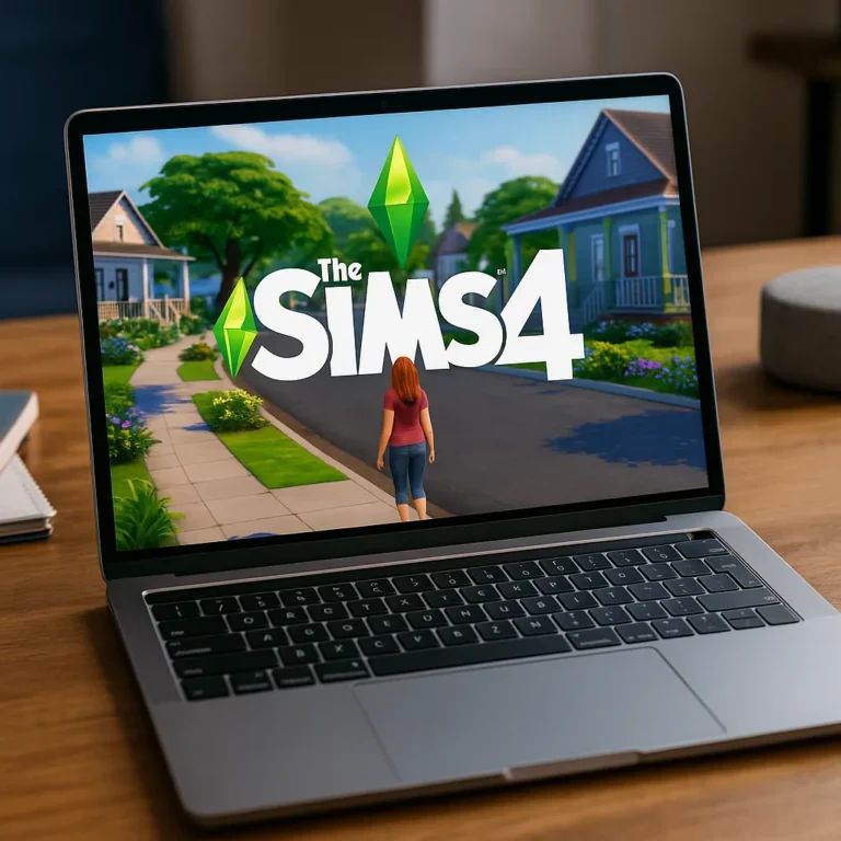 A high-resolution photograph of a modern laptop showing The Sims 4 on screen, featuring a female Sim walking through a colorful suburban neighborhood, placed on a wooden desk in natural light.
