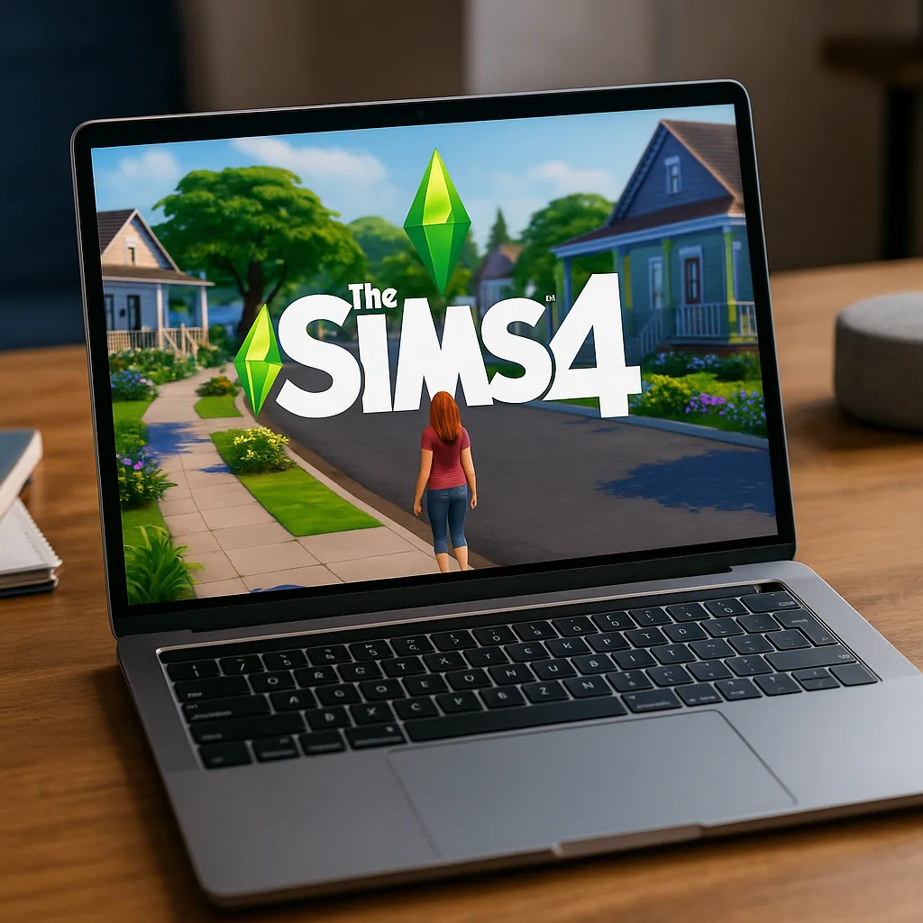 A high-resolution photograph of a modern laptop showing The Sims 4 on screen, featuring a female Sim walking through a colorful suburban neighborhood, placed on a wooden desk in natural light.