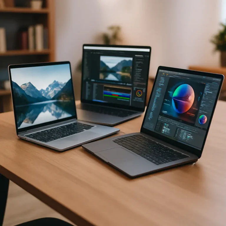 Three non-gaming laptops with graphics capabilities displayed on a wooden desk, each running creative software like photo editing and 3D modeling, set in a home office with bookshelves and soft lighting.