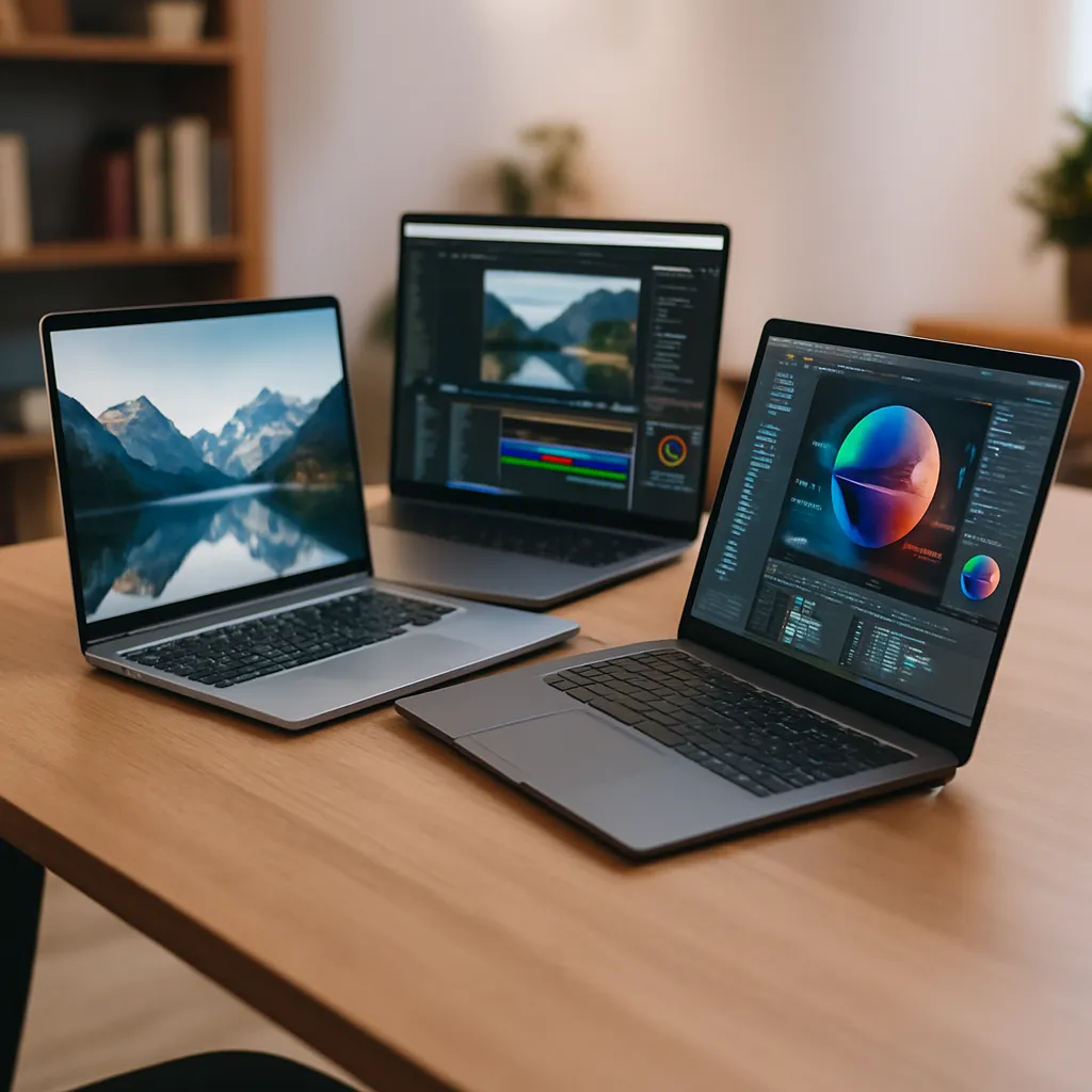 Three non-gaming laptops with graphics capabilities displayed on a wooden desk, each running creative software like photo editing and 3D modeling, set in a home office with bookshelves and soft lighting.