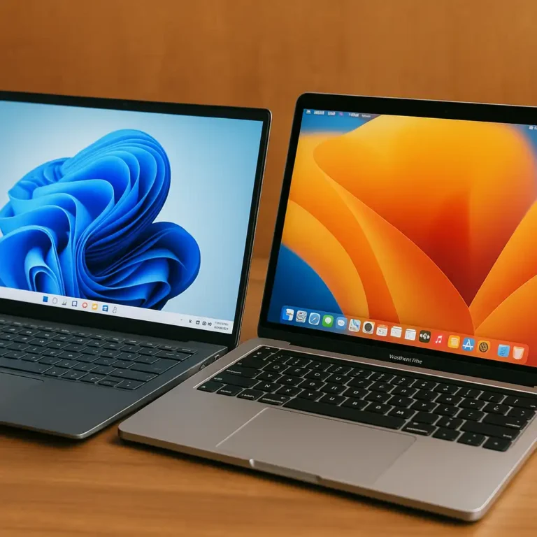 A photograph side-by-side comparison of a Dell laptop and a MacBook Pro, both open on a wooden desk with clear screens and modern designs.