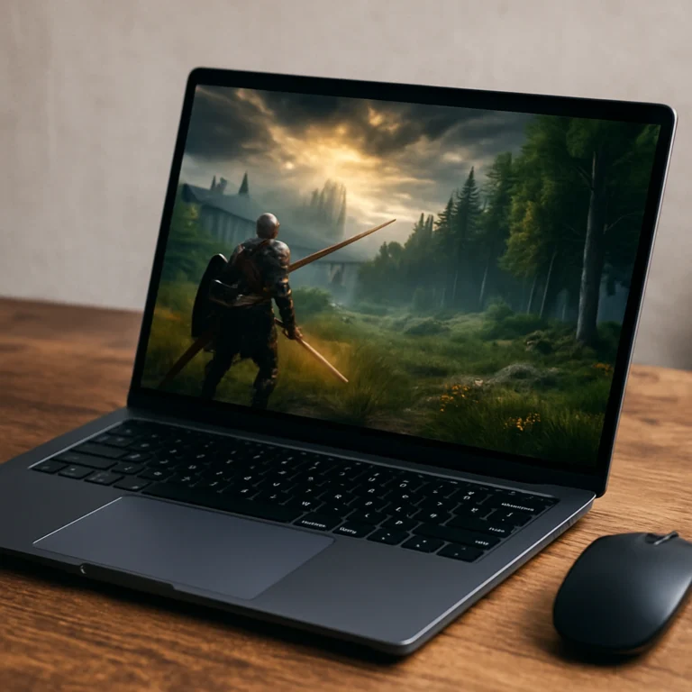 A modern lightweight laptop displaying a fantasy video game scene, placed on a rustic wooden desk with a wireless mouse beside it.