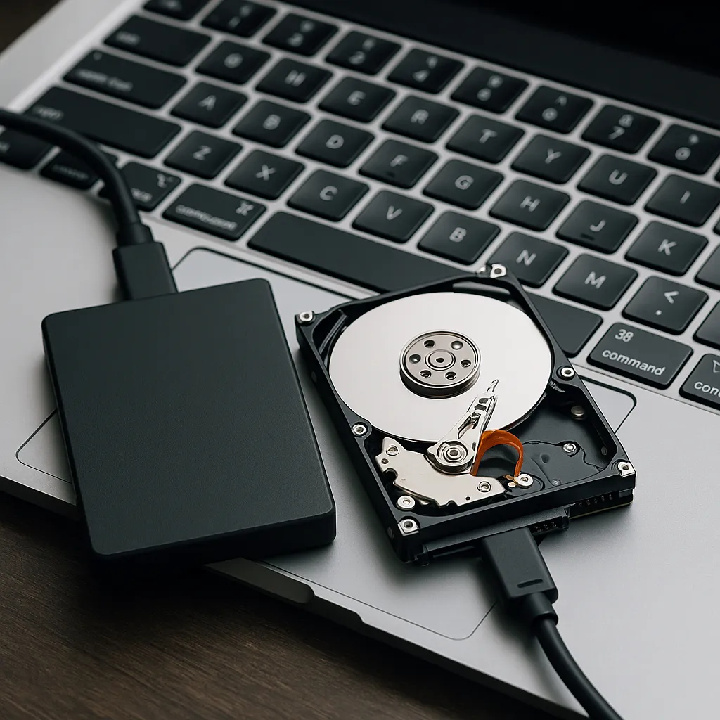 A solid-state drive and an open hard disk drive rest on a laptop keyboard, highlighting their physical differences.
