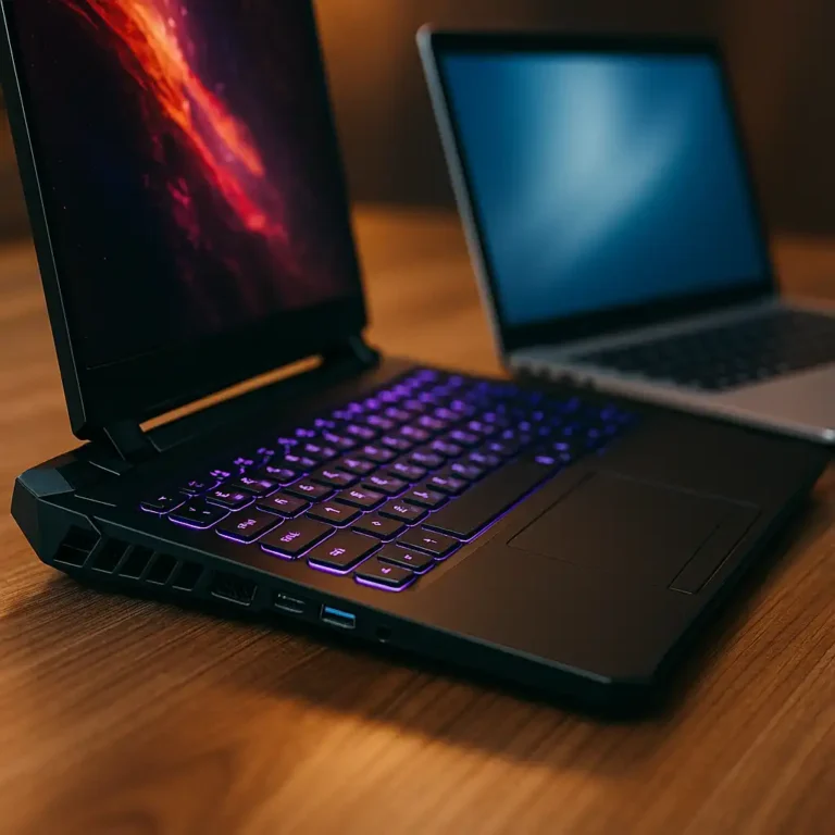 A digital photograph features two laptops placed side by side on a wooden desk—one is a bulky gaming laptop with RGB lighting and a vivid display, the other a sleek, minimal gray laptop with a plain screen—captured in warm, ambient lighting.