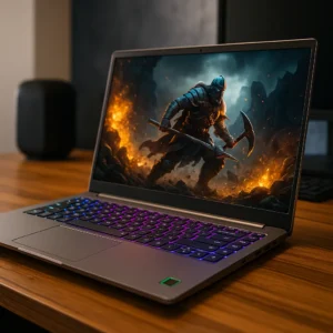 A digital photograph showcases a modern gaming laptop on a desk, with a vivid fantasy game scene on screen and RGB backlit keyboard.