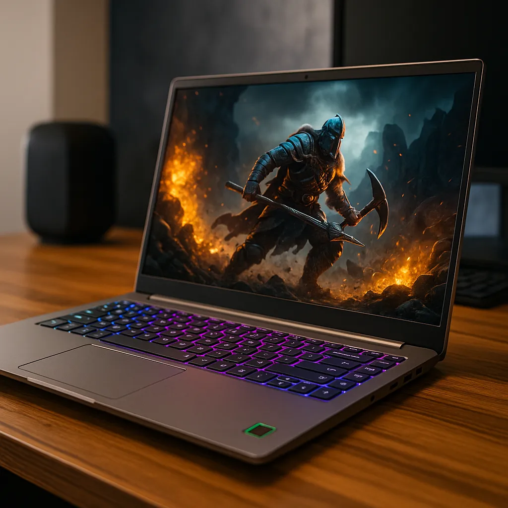 A digital photograph showcases a modern gaming laptop on a desk, with a vivid fantasy game scene on screen and RGB backlit keyboard.
