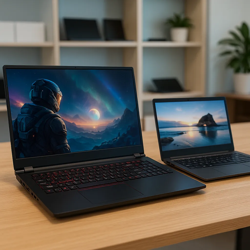 Two modern laptops side by side on a clean desk, one with a backlit keyboard and the other showing a vivid FHD display, natural lighting.
