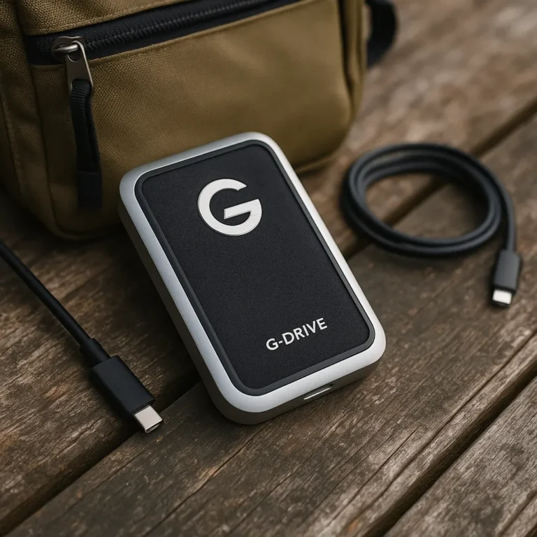 A rugged SanDisk G-DRIVE ArmorATD external hard drive resting on a wooden desk beside a laptop and camera equipment, highlighting its portable and durable design for creative professionals.