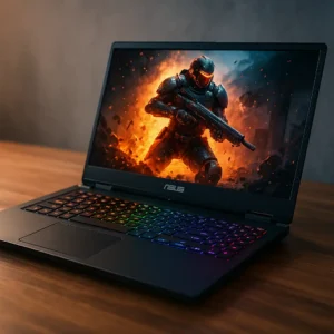 An ASUS gaming laptop on a wooden desk, with an RGB-lit keyboard and a vivid display showing a futuristic battle scene in fiery tones.