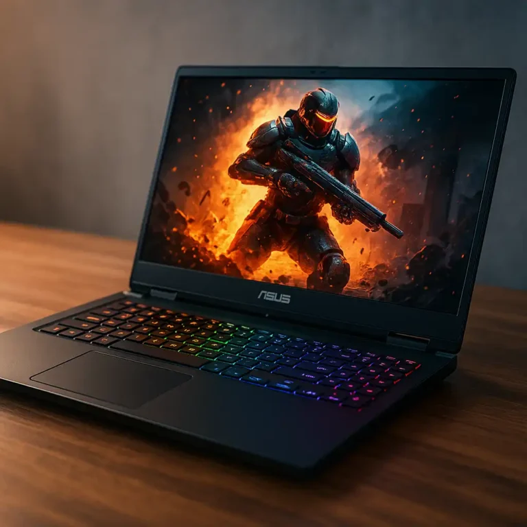 An ASUS gaming laptop on a wooden desk, with an RGB-lit keyboard and a vivid display showing a futuristic battle scene in fiery tones.