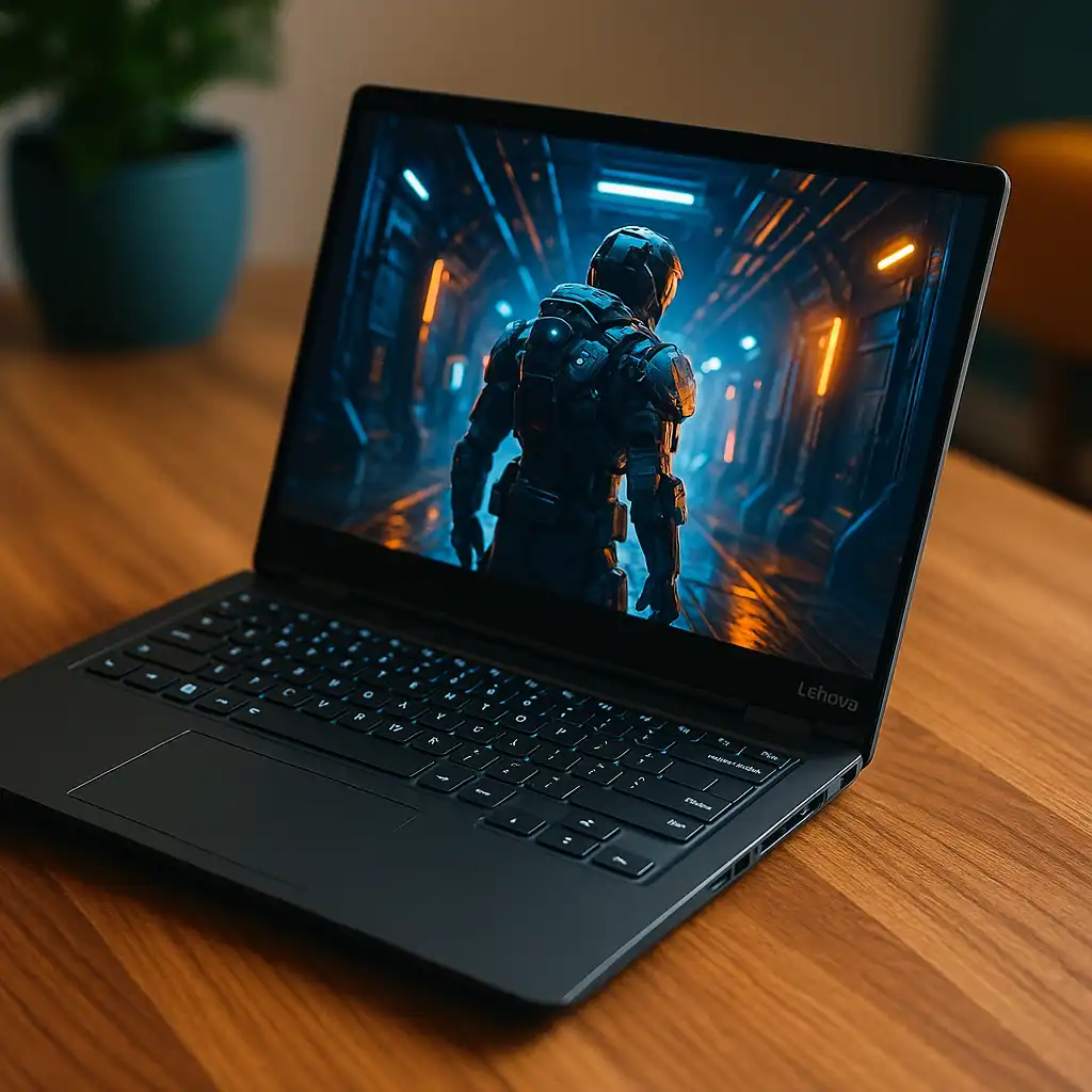 A Lenovo gaming laptop on a wooden desk, displaying a vivid sci-fi scene with a futuristic armored character in a neon-lit corridor.