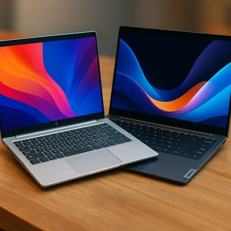 A digital photograph showcases two ultraportable laptops, the HP Pavilion Aero 13 and Lenovo Yoga Slim 7, side by side on a wooden surface with bright, colorful screens and minimalist metal designs.