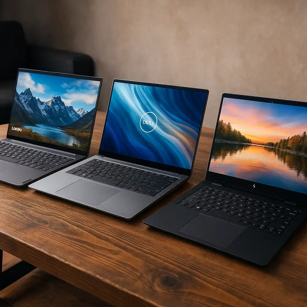 A photograph features three modern laptops from Lenovo, Dell, and HP, displayed side-by-side on a wooden table with vivid screen visuals, under soft indoor lighting.