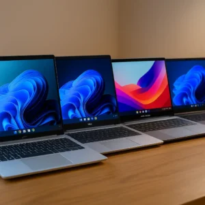 Four modern laptops from Acer, Dell, ASUS, and Lenovo lined up on a wooden surface with bright, colorful abstract wallpapers on each screen.