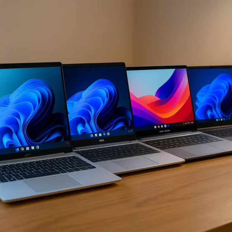 Four modern laptops from Acer, Dell, ASUS, and Lenovo lined up on a wooden surface with bright, colorful abstract wallpapers on each screen.