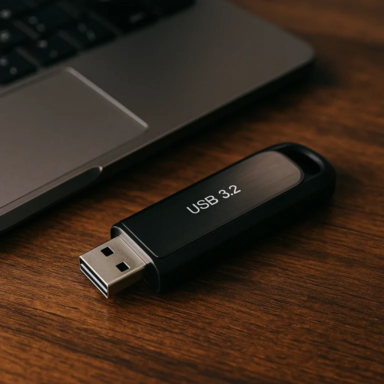 A USB 3.2 flash drive with brushed aluminum casing resting on a wooden desk, next to a partially visible silver laptop in soft natural light.