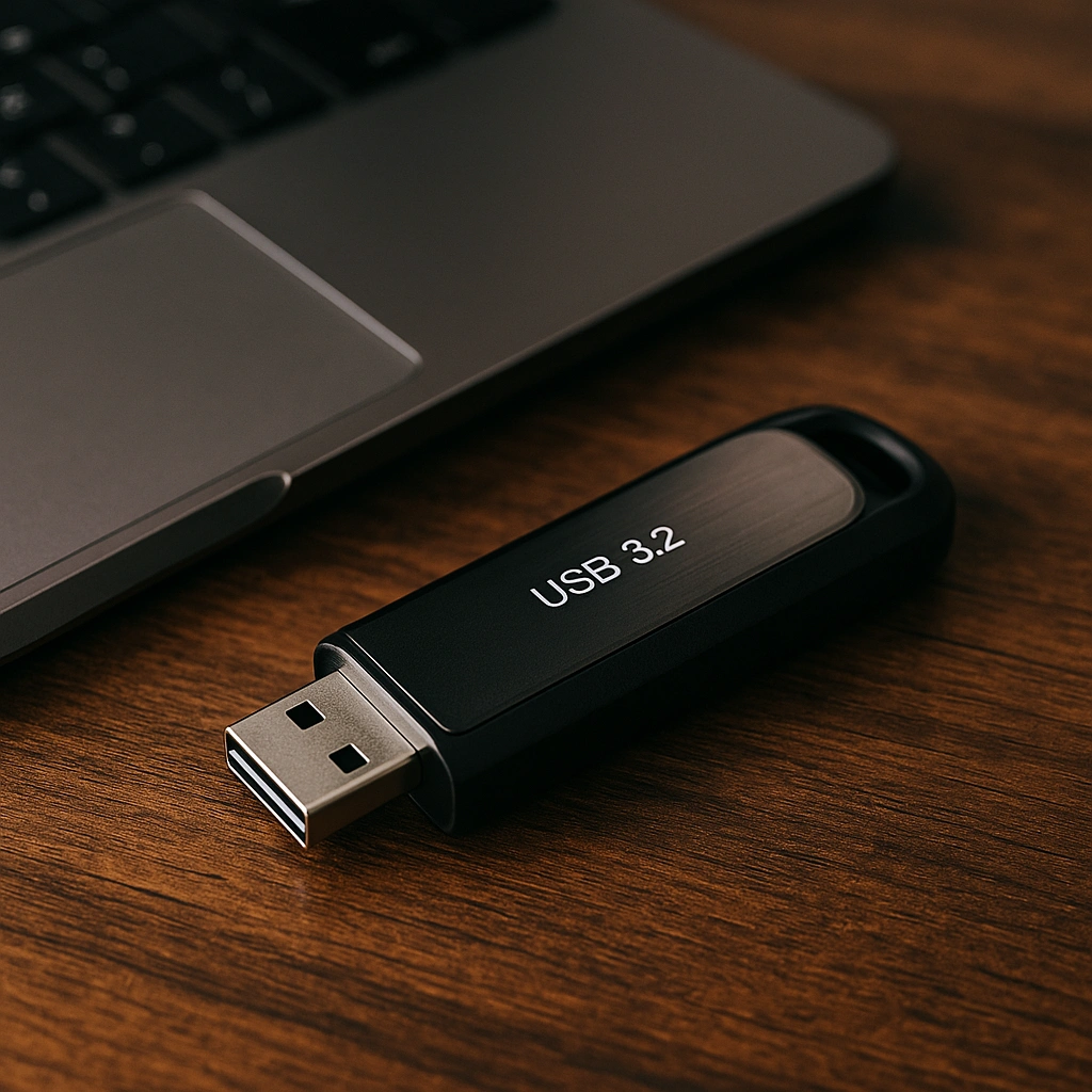 A USB 3.2 flash drive with brushed aluminum casing resting on a wooden desk, next to a partially visible silver laptop in soft natural light.