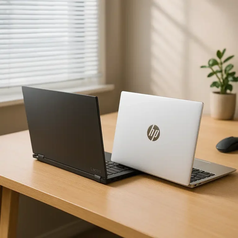 A Lenovo and an HP laptop side by side on a wooden desk near a sunlit window, with a small plant and mouse nearby, suggesting a home or office comparison setting.
