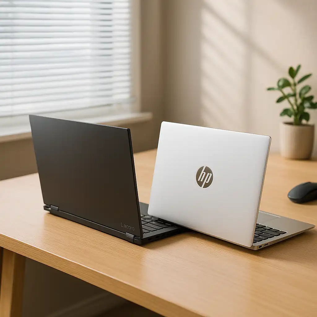 A Lenovo and an HP laptop side by side on a wooden desk near a sunlit window, with a small plant and mouse nearby, suggesting a home or office comparison setting.