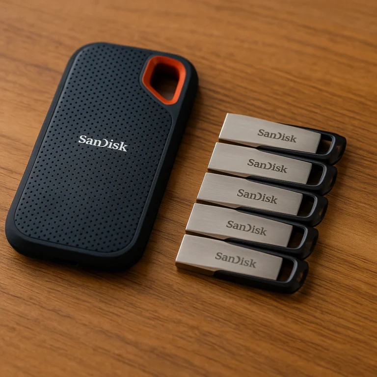 A photograph displays two SanDisk portable storage devices: one SanDisk Extreme Portable SSD with textured black surface and orange loop, and a stack of five metallic SanDisk Ultra Flair USB flash drives on a wooden table.